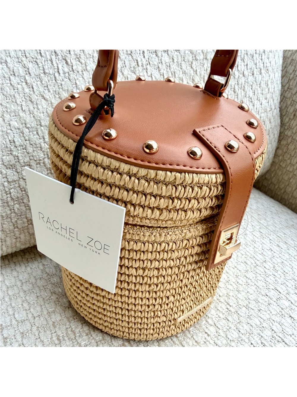 Rachel Zoe Woven Straw Cylinder Vanity Bucket Bag Crossbody Top Handle Studded - Picture 8 of 10